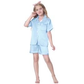 Schbbbta Girls Pajama Set Button Down Silk Pajama Sleepwear Nightwear for Kids, Light Blue, 9-10 Years = Tag 150