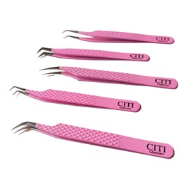 CITI GLAMOUR Lash Tweezers For Eye Lash Extension set of 5 Precise Fiber Tip with Diamond Grip Complete set for Volume Lashes Pink