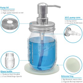 Hutalecho Mason Jar Soap Dispensers with Rustproof Stainless Steel Lid and Pump, Perfect for Bathroom or Kitchen (2, Silver)