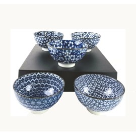 5 Japanese Porcelain Rice Bowls Gift Set Miso Soup Bowl Blue Made in Japan 4686