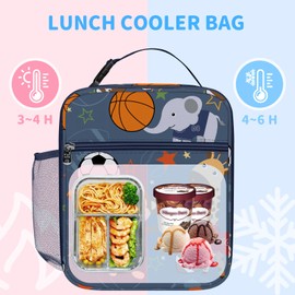 Clastyle Insulated Sport Monkey Giraffe Kid Lunch Box Animal Ball School Lunch Bag for Boy Girl Portable Dark Blue Tote Bag for Outdoor Picnics