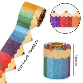 Whaline 32.8ft Back to School Crayon Bulletin Board Border Colorful Glitter Crayon Die-Cut Rolled Border Trim for Classroom Chalkboard Wall Decoration