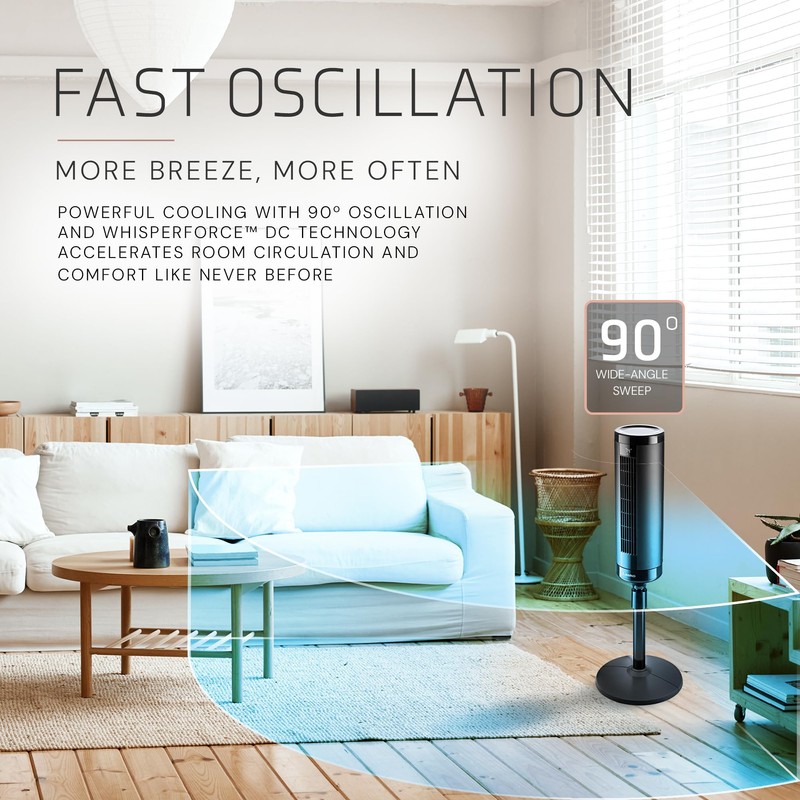 LASKO Elevation Adjustable Tower Fan 42”-54”, Pedestal Fan, 31 ft/s