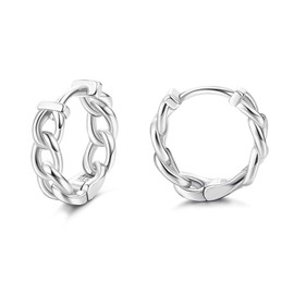 Milacolato 925 Sterling Silver Small Hoop Earrings 18K White Gold Plated Curb Chain Huggie Earrings Hypoallergenic Cartilage Hoops Earrings for Women Girl, 9mm