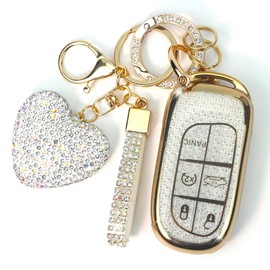 YIKECASE Key Fob Cover with Diamond Keychain for Women, Car Key Holder Compatible with Jeep Grand Cherokee Renegade Dodge RAM Durango Challenger Chrysler Protector, 5 Buttons (White-Heart)