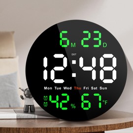 Brauthon 10" Digital Wall Clock with Large Display, LED Clock for Wall with Remove Control, Electric Clocks for Classroom, Bedroom, Living Room, Office, Garage, Gym (Green)