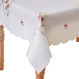 Violet Linen Embroidered Candle White Christmas Table Topper, 36" Square, Jingle Bell