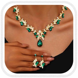Brishow Crystal Necklace and Earring Set Green and Gold Rhinestone Bridal Jewelry Sets Leaf Green Costume Jewelry Necklace for Women (green and gold)