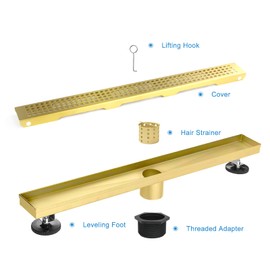 Elefloom Linear Shower Drain, 28 inch Gold Drain with Removable Grate Cover, Brushed 304 Stainless Steel Shower Floor Drain, Linear Drain with Hair Strainer and Adjustable Feet