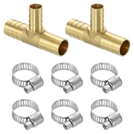 uxcell 2pcs Brass Tee Barb Fittings, 3-Ways Tee 5/8" x 1/2" x 5/8" Barbed Hose Reducer, Tee Brass Barb Fitting Reducer with 6pcs Hose Clamps for Water Fuel Air