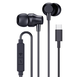TRkin Headphones, Wired HiFi Headphones, Clear Calling Headphones, Microphone Mounted, Comfortable, Ergonomic USB C Winding Prevention No Delay Bass Band Remote Control In-Ear Compact Lightweight