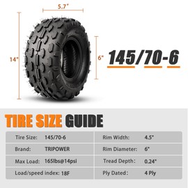 TRIPOWER 145/70-6 All-Terrain ATV Tires, Off-Road Go Kart Mini Bike 145/70/6 Tires, 4-Ply Tubeless, 2-Pack