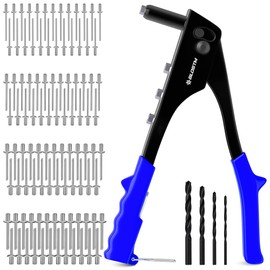 BLOSTM Pop Rivet Gun Set - 100 PCS Pop Rivets in 4 Sizes (2.4mm 3.2mm 4mm 4.8mm) Pop Riveter Gun, 4 Rivet Nosepieces, 4 Drill Bits - Hand Riveter for Metal, Plastic, Auto Repairs, Furniture (Blue)