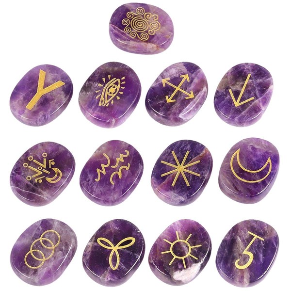 mookaitedecor 13pcs Amethyst Witches Runes Set, Reiki Stones Engraved Gypsy Symbol, Healing Crystal Palm Stone for Meditation Divination Spiritual Wiccan Gifts Witchcraft Altar Decor