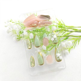 Acrylic Press on Nails Almond Medium Fake Nails 5D Flower Gold Rose Pearl Designs Decorate Nail Press ons French Tip Nude Green Glue on Nails Glossy Artificial Stick on Nails for Women