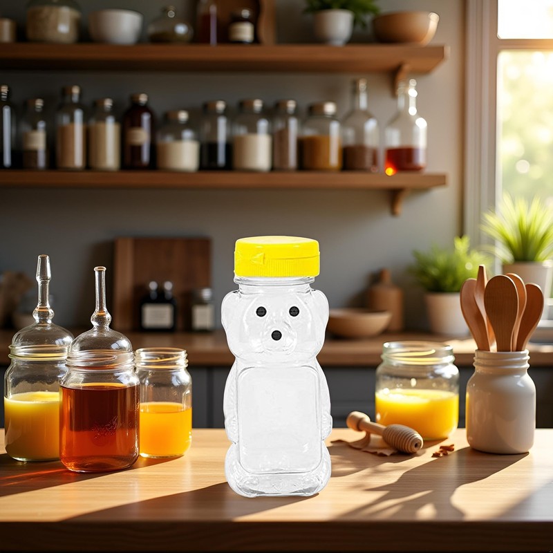 Yellow 8 Oz Plastic Bear Honey Bottle Jars, Empty Honey
