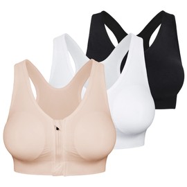 Fapreit Women's Zip Front Closure Sports Bra - Seamless Wirefree Post Surgery Zipper Padded Racerback Workout Gym Yoga Bras