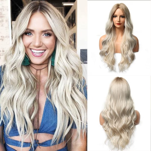 Esmee Light Blonde Wig with Brown Roots for Women Synthetic Heat Resistant Fibre Natural Long Wave Ombre Wigs for Daily Party Cosplay Wear