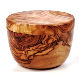 das Olivenholzbrett® Magnetic Box Olive Wood Tin with Swivel Lid Flat / Salt Box with Wooden Lid / Olive Wood Tin for Salt and Spices / Round 10 cm Diameter