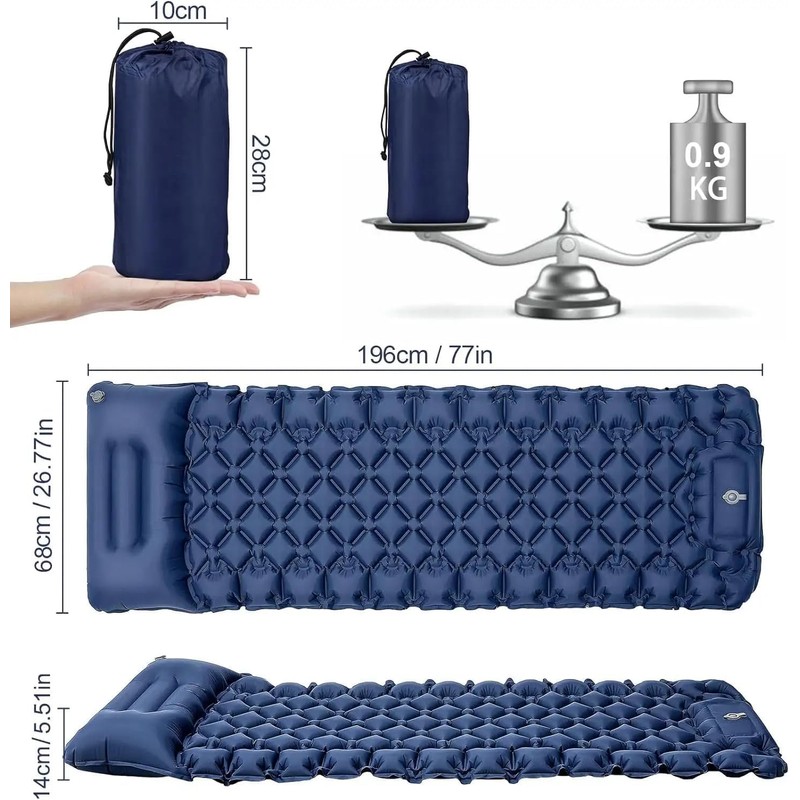 Inflatable Sleeping Camping Mat with Pillow 190L x 64W x