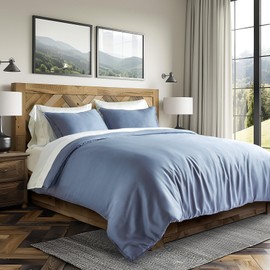 EVERGRACE Tencel Lyocell Cooling Duvet Cover Set Queen Size 3 Piece, 100% Natural Eucalyptus Lyocell Fiber from Austria, Luxury Silky Soft Comforter Cover with 2 Shams, Stormy Blue, 92"x88"