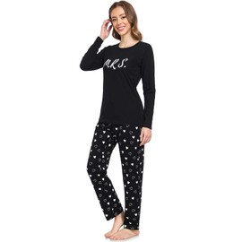 SPKPKEY Women's 2 Pieces Cotton Long Pajamas Letter Print Top and Pants Nightwear Pj Sets Black Medium