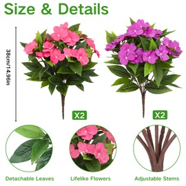 ASTRYAS 4 Bundles Artificial Impatiens Flowers for Outdoors,Silk Flowers Bouquet Fake Plants UV Resistant for Spring Summer Garden Porch Window Box Balcony Home Decor(2Hot Pink, 2Fuchsia)