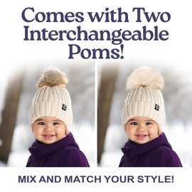 Funky Junque Baby Ribbed Knit Detachable Pom Beanie - Beige