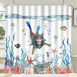 farg 72x72 Inch Summer Funny Cat Shower Curtain Blue Sea Ocean Shower Curtains Sets Water Repellent Animal Starfish Turtle Fish Seasonal Fabric Curtain for Bedroom Livingroom Decor with Hooks