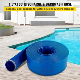 VEVOR Discharge Hose, 1-1/2" x 100', PVC Fabric Lay Flat Hose, Heavy Duty Backwash Drain Hose with Clamps, Weather-proof & Burst-proof, Ideal for Swimming Pool & Water Transfer, Blue