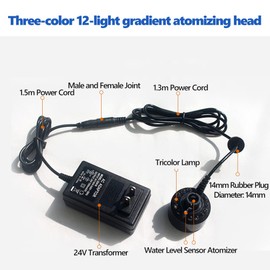 Fountain Mist Maker 1Pc 12LED Colorful Mist Maker para Fuente de Agua Estanque con Adaptador de Corriente 110-240V Enchufe de EE. UU. Para Tanque de Peces, Fuentes Interiores o Exteriores, etc(US)