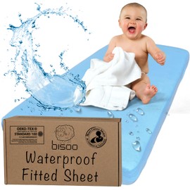 Bisoo Cot Sheets 20x40 in / 50x100 cm Fitted Waterproof 2in1 - Fitted Sheet + Cot Bed Mattress Protector - Baby Cots Beds & Cribs - Soft & Silent - 100% Jersey Cotton Oeko-Tex - Blue