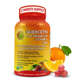 Quercetin with Bromelain Vitamin C and Zinc Enriched with Organic Whole Foods - 1215mg per Serving - Quercetin Phytosome 500mg Capsules with Ginger and Flavonoids for Immune Support - 180 Count