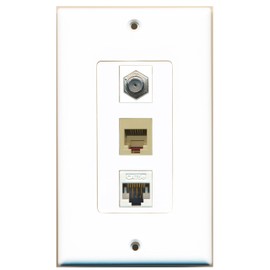 RiteAV - 1 Port Coax Cable TV- F-Type and 1 Port Phone RJ11 RJ12 Beige and 1 Port Cat5e Ethernet White Decora Wall Plate Decora
