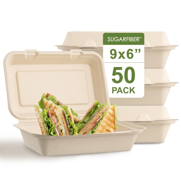 [50 COUNT]Sugarfiber by Harvest Pack 9 X 6" Compostable Clamshell
