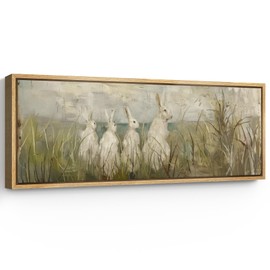 SIGNFORD Large Framed Canvas Print Wall Art Whimsical Rabbits in Grassland Soft Pastel of White Rabbits Illustrations Modern Art Calm Warm for Living Room Bedroom Office - 60"x20"