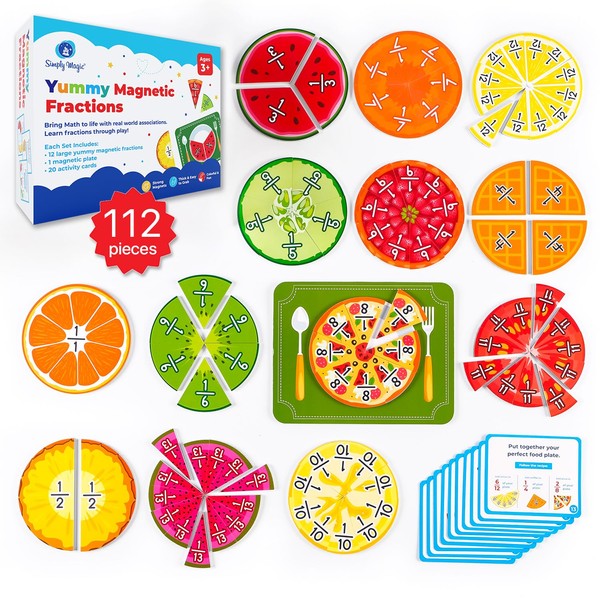 Simply magic 112 PCS Yummy Magnetic Fractions - Magnetic Fraction Circles, Bars, Magnetic Math Manipulatives, Fraction Manipulatives Class Set Elementary Classroom, 1st, 2nd, 3rd, 4th, 5th Grade