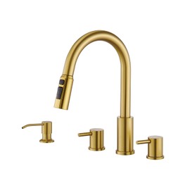 Tohlar 4 Hole Kitchen Faucet, Brushed Gold Kitchen Faucet with Soap Dispenser and Pull Down Sprayer 3 Modes Kitchen Sink Faucets, Stainless Steel High Arch Kitchen Sink Faucet with Separate Handle
