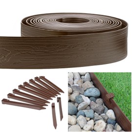 Decorative Wood Grain 4-in. x 40-ft. Landscape Lawn Edging Coil Kit with 10 Pack of Stakes, Brown