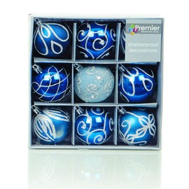 Set of 9 Midnight Blue Christmas tree baubles, Plastic, 6cm by Premier