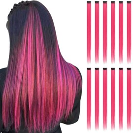 BUMMSEVEN Colored Hair Extensions Clip in for Kids Girls Women, 22 inch Straight, 12 pieces Hot Pink