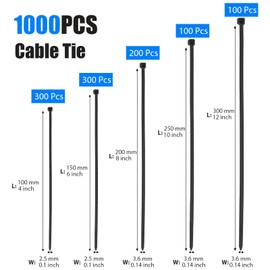 DUNSOO DUNSOO Kabelbinder 1000 Stck Kabelbinder Set 100/150/200/250/300mm kabelbinder Schwarz Kabelbinder UV Best?ndig Temperaturbest?ndig, Chemische Resistenz Cable Ties Heavy Duty Starke Zip Ties