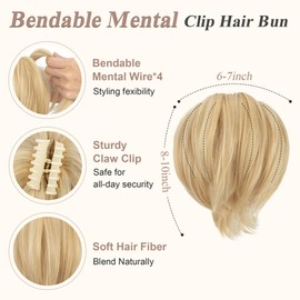 SEGO Claw Clip Short Ponytail Extension Messy Bun Hair Piece With 4 Bendable Metals DIY Synthetic Fake Hair Bun For Women 8 Inch-#86H613 Light Blonde/Bleach Blonde