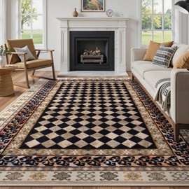 Wonnitar Checkered 6x9 Area Rugs for Living Room, Washable Non Slip Black Trellis Rugs for Bedroom, Low Pile Soft Stain Resistant Funky Floor Carpet for Bedroom Dorm Home Decor (Black,6x9)