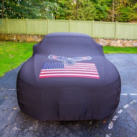 QUI-LO Patriot American Flag Car Covers Black Stretch Satin Spandex Indoor Car Cover FITS: Muscle Cars, High End USA Flag Design with Storage Bag M/L