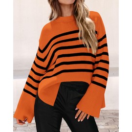 KIRUNDO Women's Striped Knit Oversized Fall Sweaters 2025 Trendy Clothes Crewneck Winter Pullover Sweater Side Split(Orange, Medium)