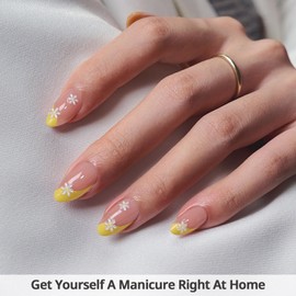 BTArtbox French Tip False Nails - Lamp-Curable Short Almond Press On Nails, Semi-Transparent Stick On Nails for Women in 16 Sizes - 32 Fake Nail Kit, Daisy