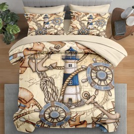 Pamnest Comforter Set Full Size, Retro Nautical Lighthouse Map 7 Pcs Bedding for Kids and Adults, Vintage Anchor Beige Bed Sheet Sets with Fitted Sheet 2 Pillowcase & 2 Sham for Bedroom Bed Decor