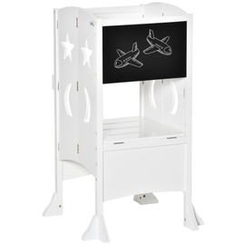 Qaba Kids Foldable Kitchen Step Stool with Chalkboard and Lockable Handrail for Children 3-6 Years Old, White