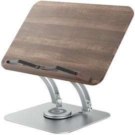 Tounee Book Stand for Reading, Adjustable Book Holder with 360° Swivel Base, Foldable Cookbook Stand Recipe Book Holder with Elastic Page Clips for Music Scores, Recipe, Tablet, Laptop-Silver